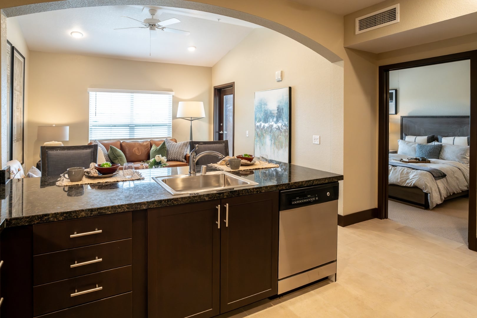 Kitchen Bar Open to Living Room at Independent Living Facility