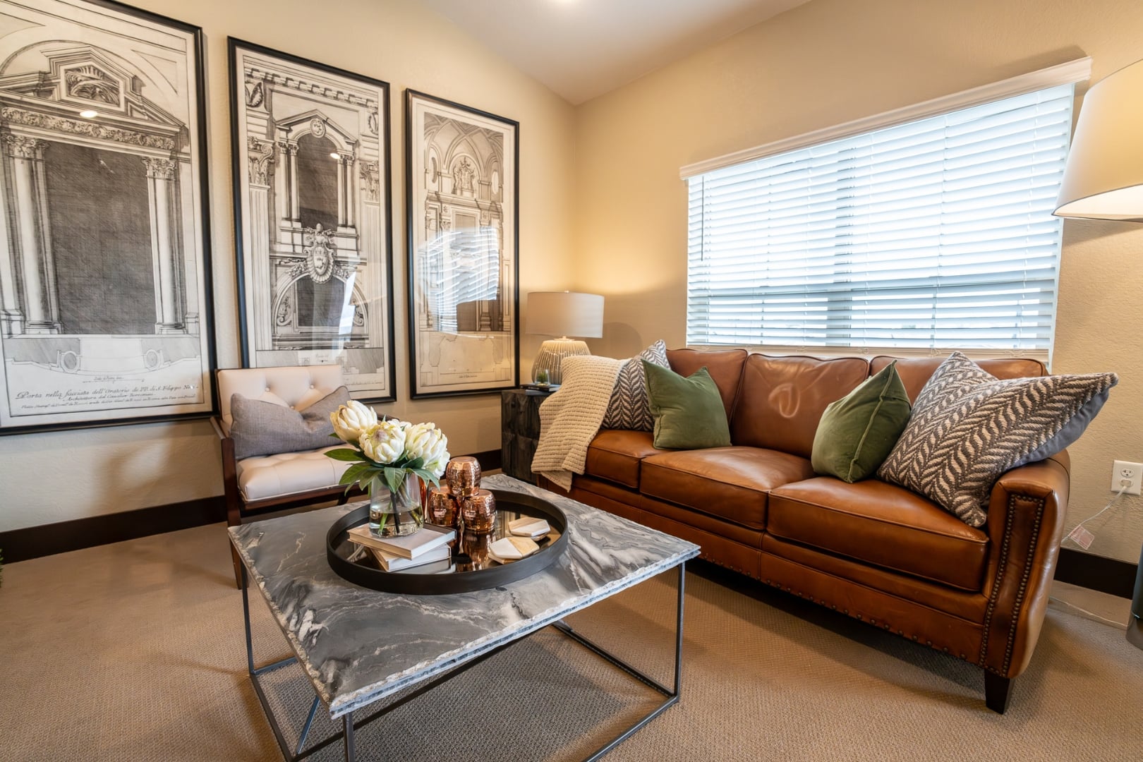 Cozy Living Room with Leather Sofa at Independent Living Facility