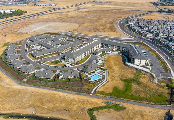 Aerial View of Pool and Clubhouse at Independent Living Facility Aerial View of Pool and Clubhouse at Independent Living Facility