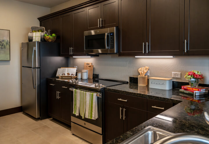 Aerial View of an Independent Living Facility independent-living-senior-community-apartment-kitchen-stainless